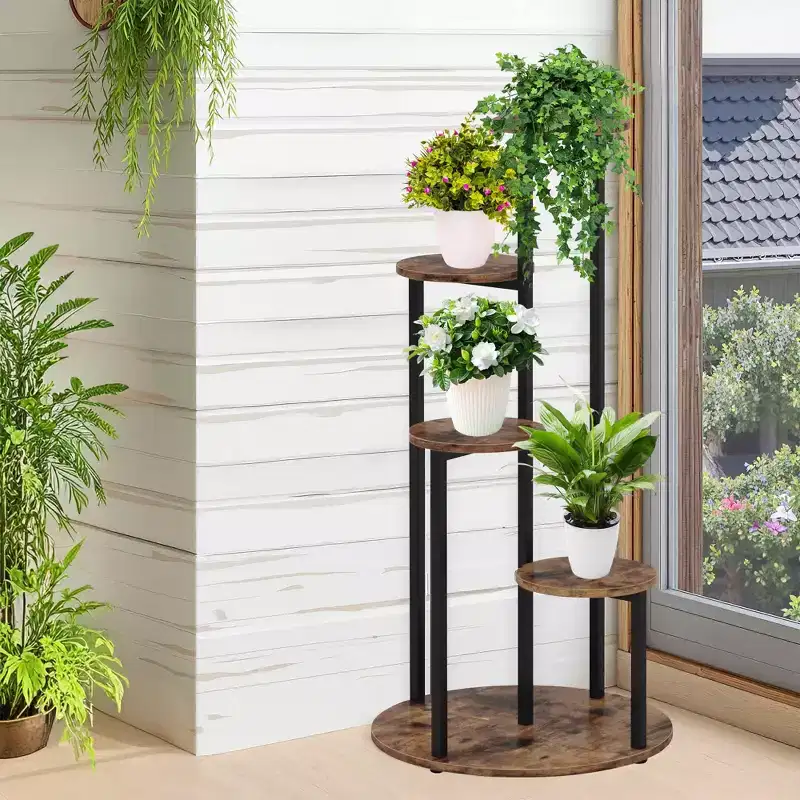 4-Tier Rotating Corner Plant Stand, Industrial Staggered Flower Display Rack for Indoor