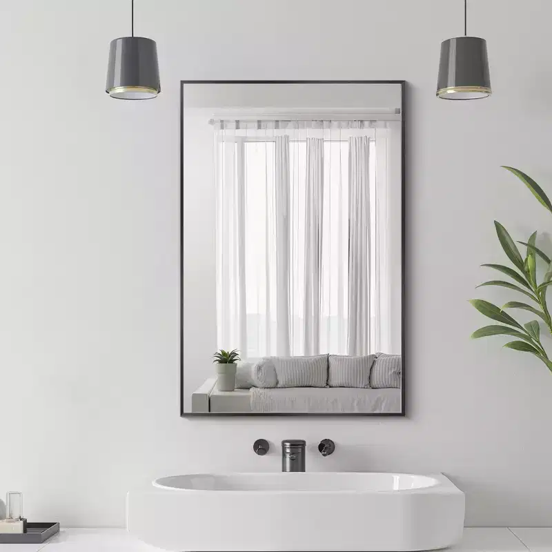 MAYEERTY 35.83x24.02x0.59in Aluminum Thin Edge Right Angle Rectangle Black Hanging Mirror