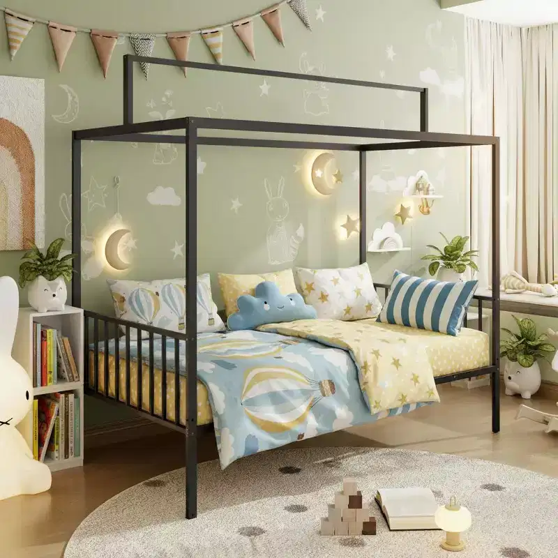 3-in-1 Convertible Montessori Metal Floor Bed with Fence Guardrails & Canopy Frame, Twin/Full
