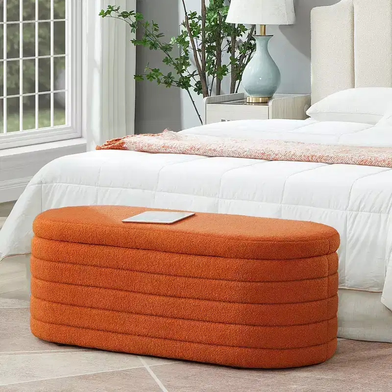 Modern Storage Ottoman Bench, Upholstered Bed Bench with Storage, Bed Stool with Safety Hinge for Bedroom, Orange