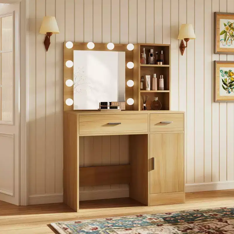 HYLEORY Vanity Desk Table with Mirror, Power Outlet and 10 Lights, Makeup Table with 3 Drawers,3 Color Modes Available for Bedroom-HYLEORY