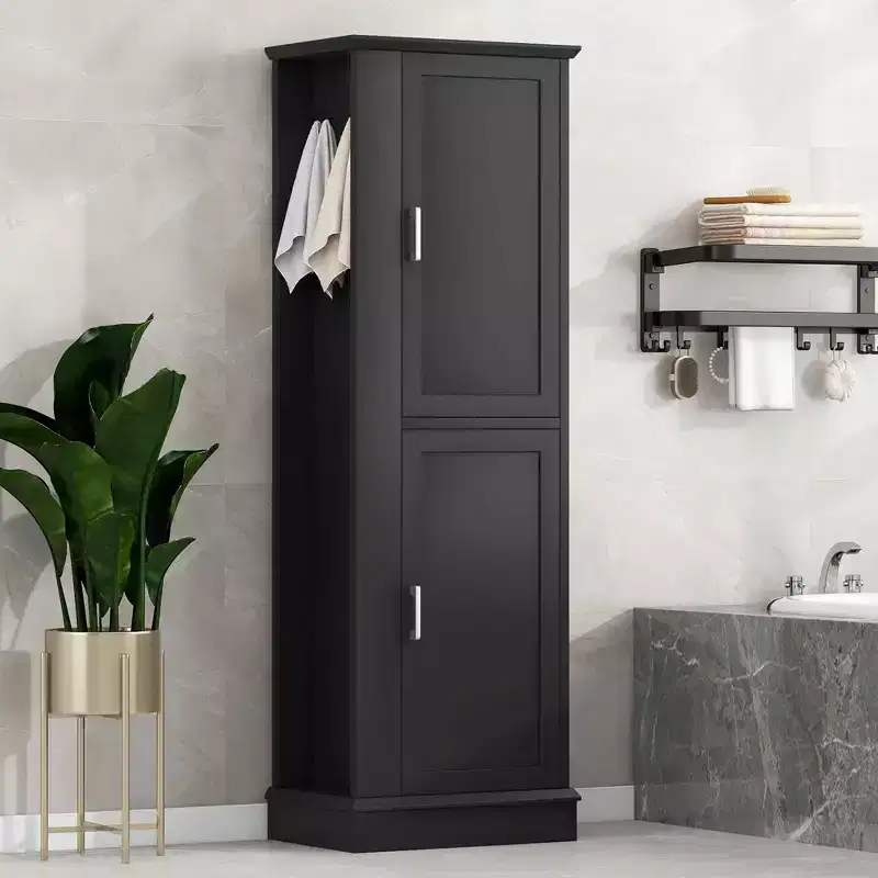 MAYEERTY Tall Bathroom Cabinet Freestanding Hook Adjustable Shelf MDF White
