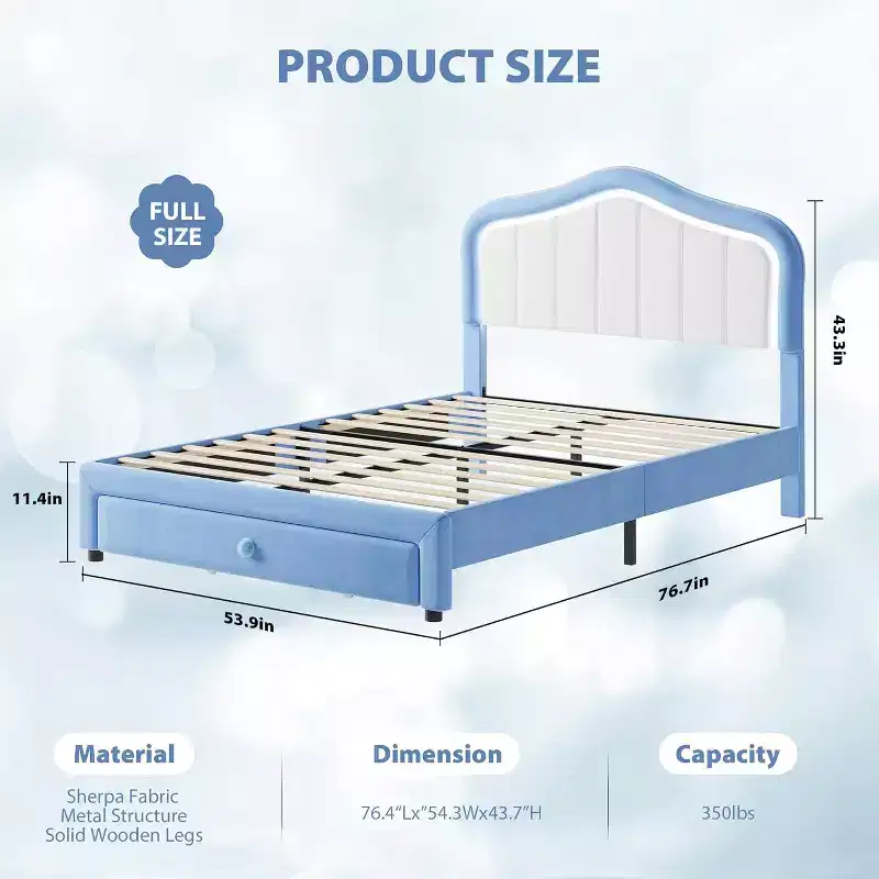 Twin XL Upholstered Platform Bed Frame with LED Lights & Storage Drawer - Velvet Headboard, Wood Slat Support, No Box Spring Needed, Blue