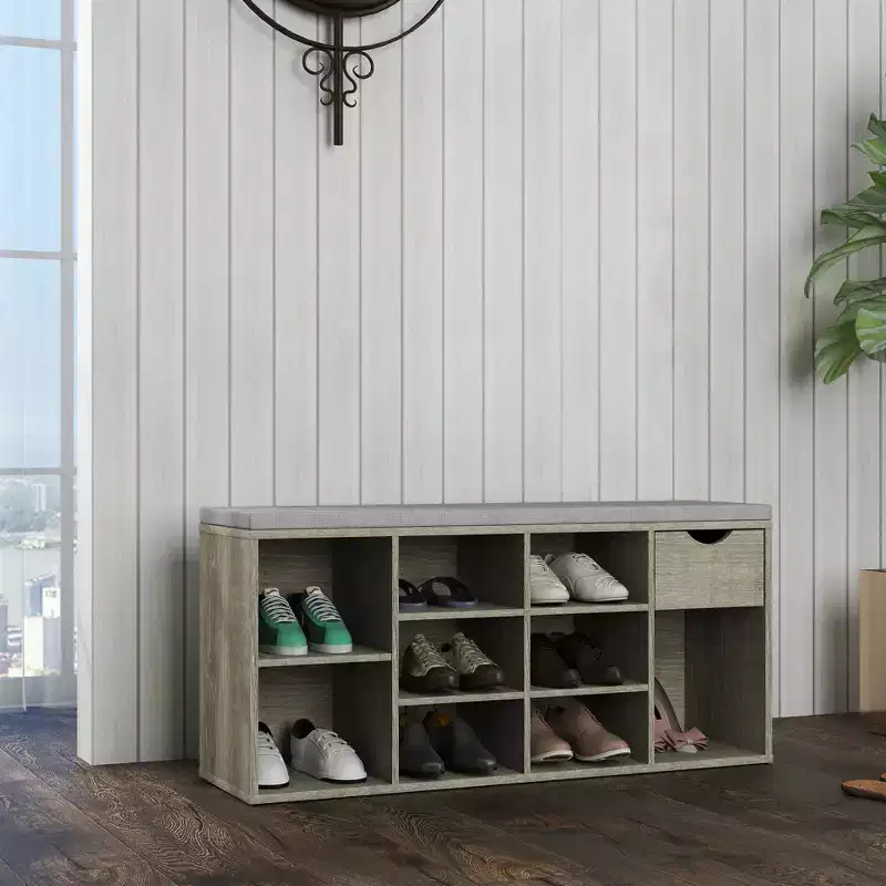 Shoe Change Stool with Cushioned Seat, Shoe Changing Bench with Organizer for Entryway, Living Room