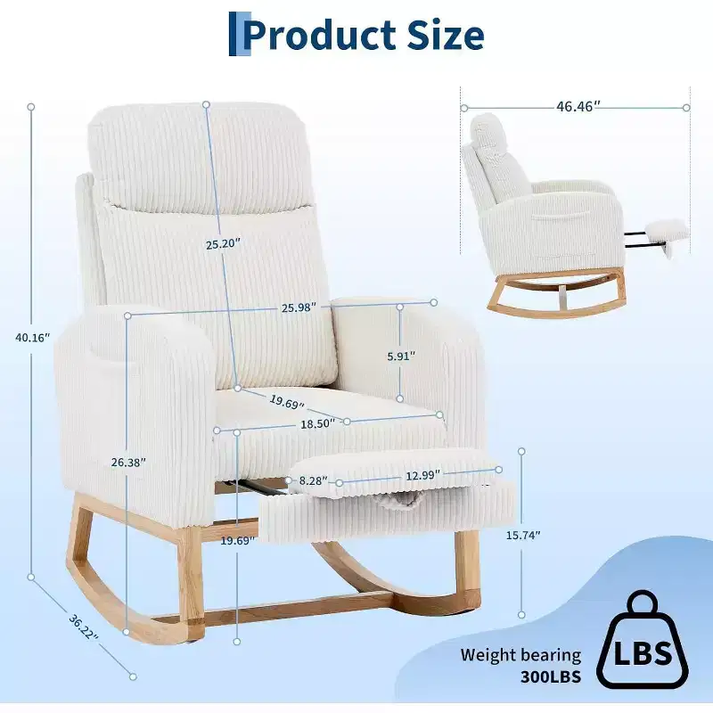 Cozy Upholstered Glider Rocker with Adjustable Footrest & Side Pocket, Modern Nursery Accent Chair for Living Room
