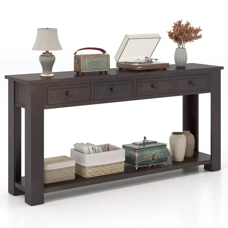 63 Farmhouse Entryway Table with 4 Storage Drawers and Open Shelf Espresso