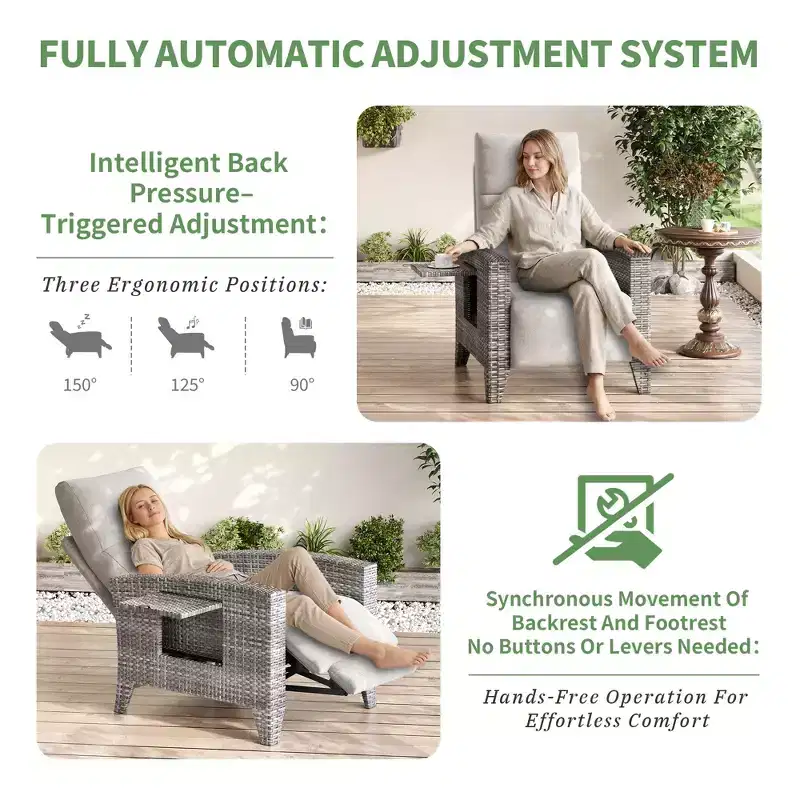 Wicker Recliner Chair with Adjustable Back & Footrest,150 Lay Flat Rattan Reclining Patio Chair with Extendable Side Table & Air Pump