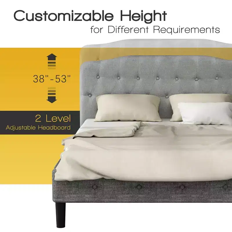 Queen Upholstered Headboard Adjustable Button Tufted Faux Linen Light Grey