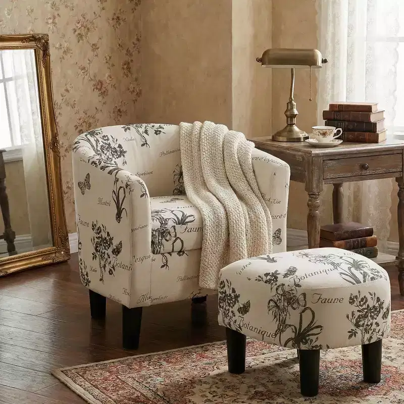GDFStudio Everett Vintage Script Pattern Fabric Upholstered Barrel Back Accent Lounge Chair with Ottoman