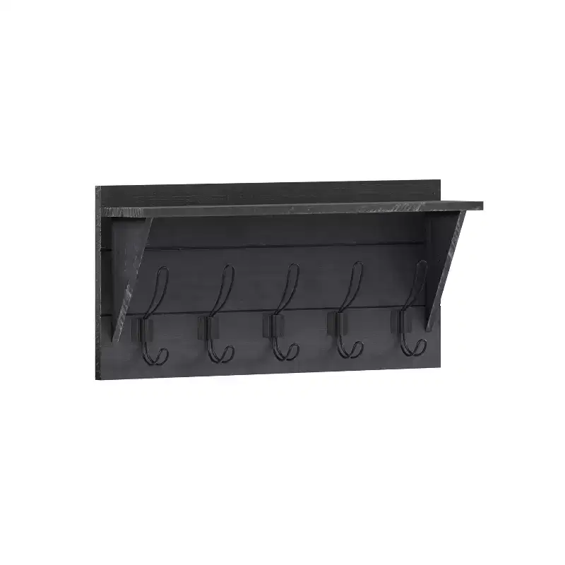 Merrick Lane Pine Wood 24 Inch Wall Mount Storage Rack with 5 Hanging Hooks and Upper Display Shelf