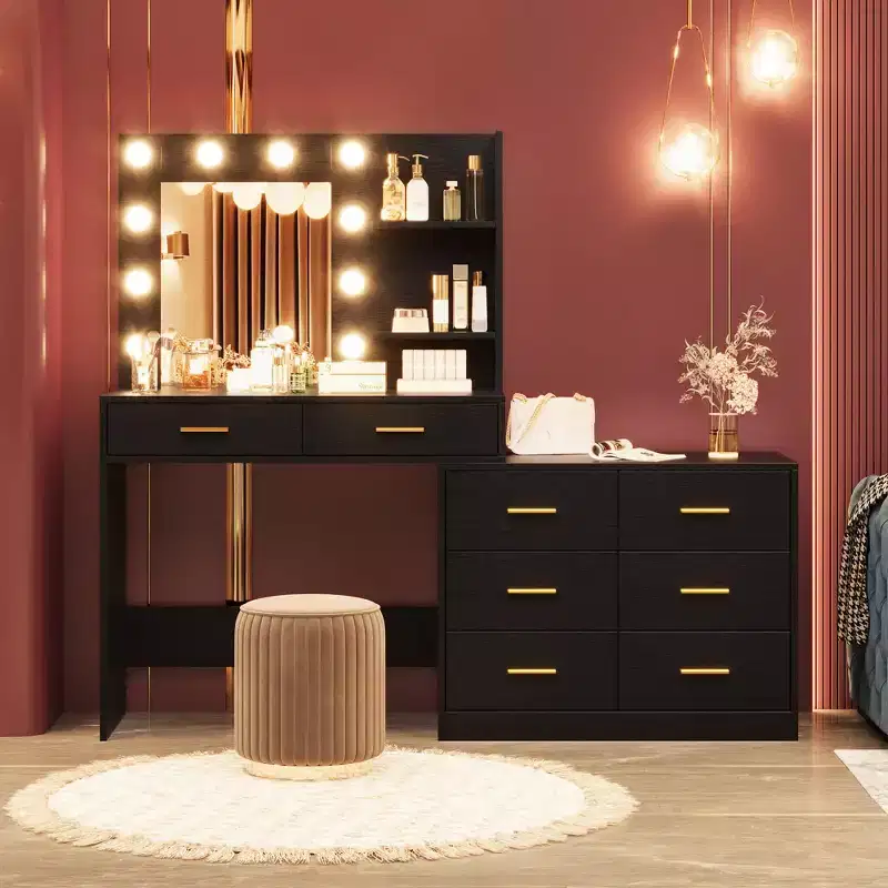 61-inch vanity with mirror and light, featuring 8 storage drawers and 2 shelves, 3 lighting modes, and adjustable brightness. Bedroom vanity.