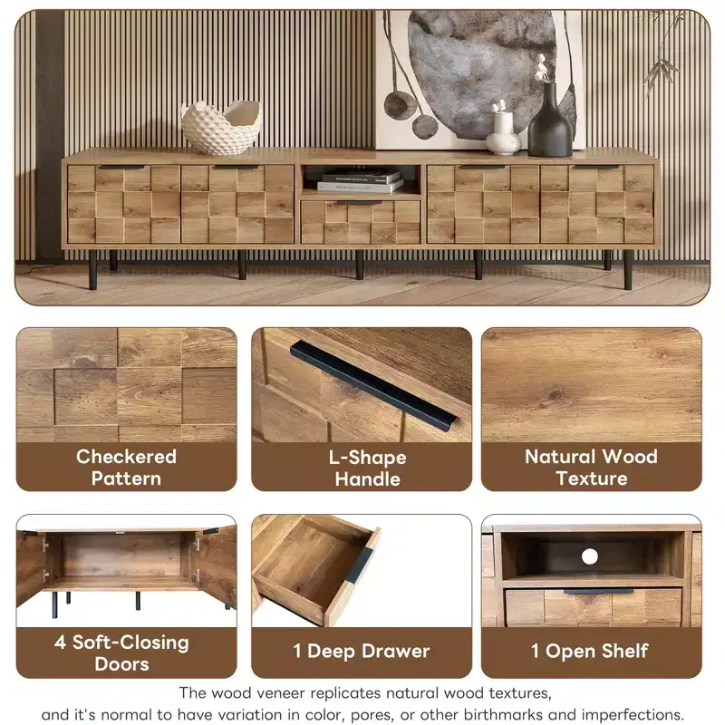 Farmhouse TV Stand with Drawers for 75 inch TV, Wood TV Storage Cabinet Table with Doors and Solid Wood Legs for Living Room, Natural