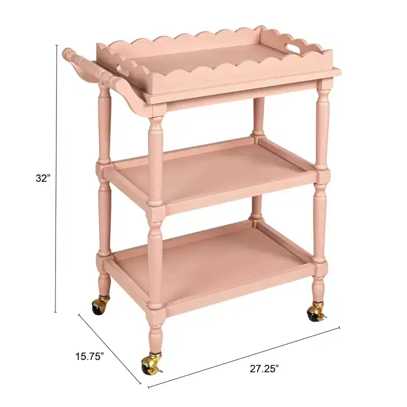 Storied Home 3-Tier Bar Cart on Casters with Removable Scalloped Tray, Pink