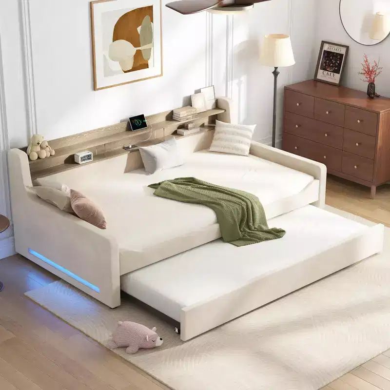 AMERLIFE Twin Daybed with Trundle, Upholstered Bed with Storage Headboard, LED & Charging Station, Velvet Corner Frame for Bedroom/Guest Room