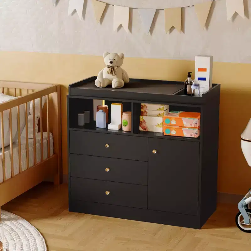 Nursery Dresser with Changing Table Top - Tall Wooden Diaper Changing Station with 2 Open Shelves, 3 Drawers and 1 Cabinet,Ideal for Children's Room
