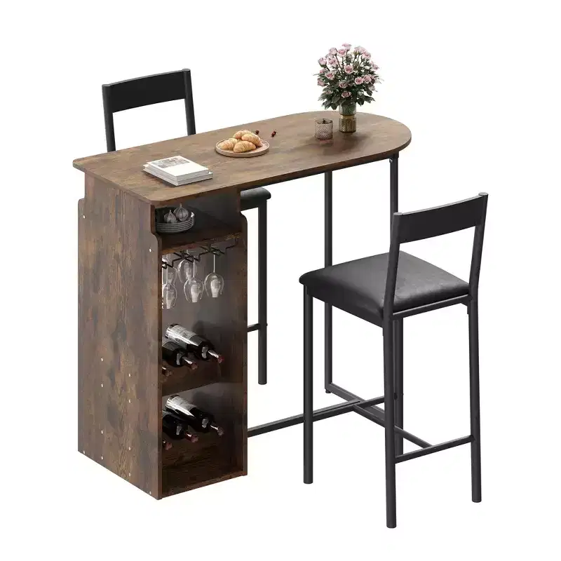 Bar Table and Chairs Set for 2, Space-Saving Dining Table with Triple-Tier Wine Rack and Glass Holder, for Kitchen, Dining Room or Home Bar, Brown