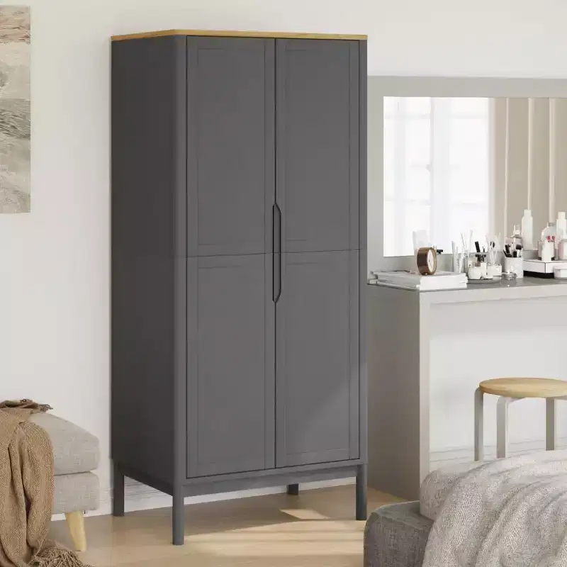 Grey Solid Pine Wood Wardrobe 30.3 x 20.9 x 67.3 in
