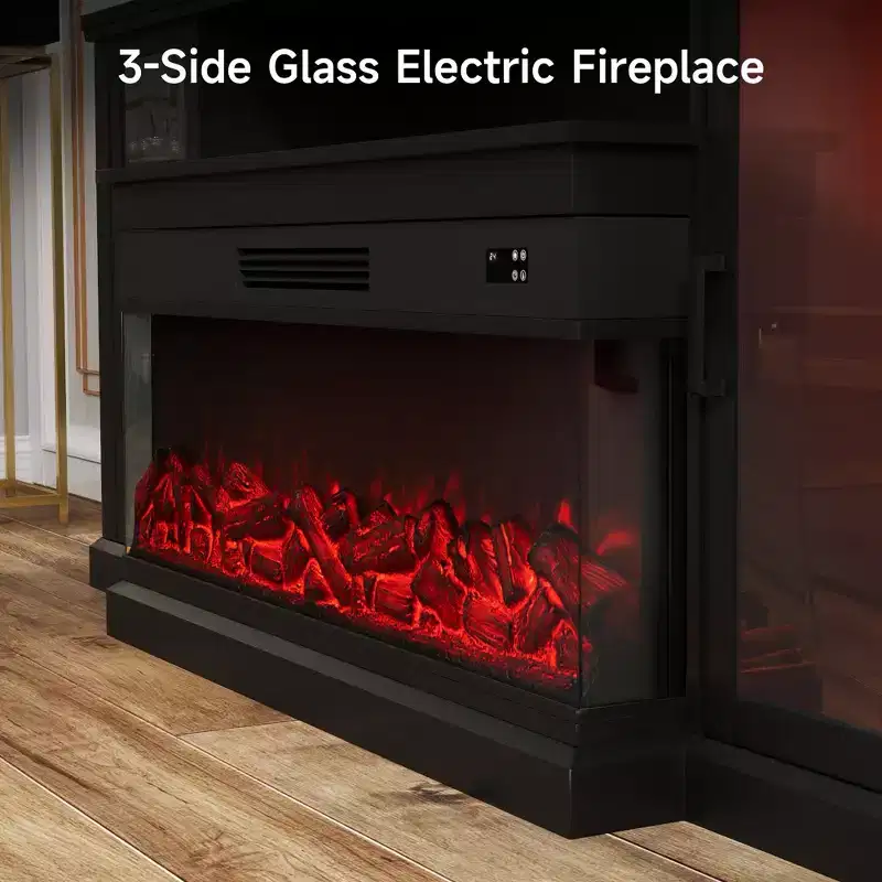 Real Relax 72.8 in. Farmhouse TV Cabinet with 3-Sided Glass Electric Fireplace Adjustable 12 LED Light Colors Media Console for TVs up to 80 in.