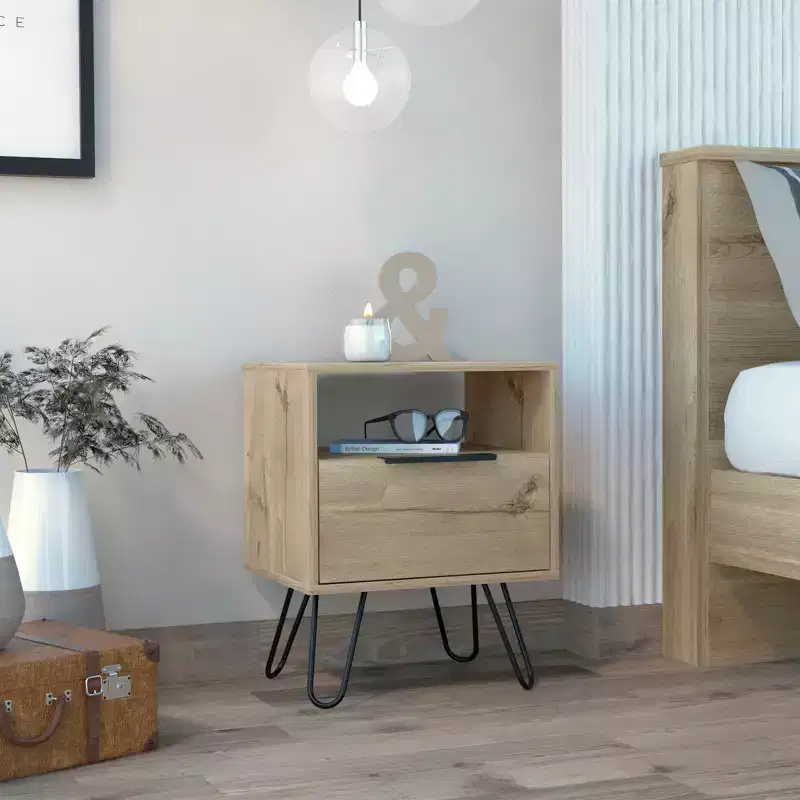 Farmhouse 2-Tier Nightstand with Hairpin Legs, MDF, Rustic Brown, Space-Saving