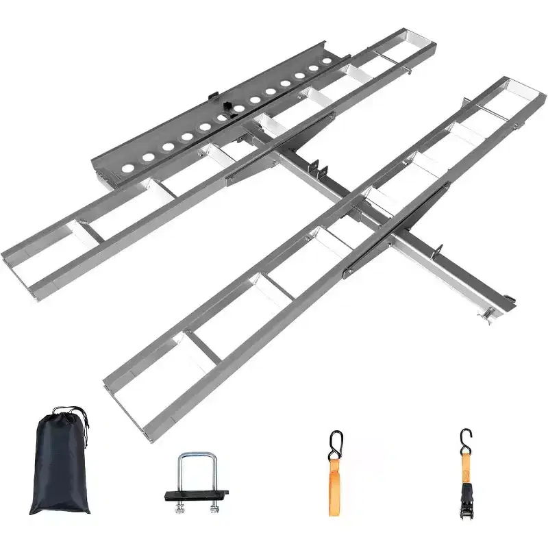Ultra-Duty 600lbs Motorcycle Hitch Carrier Rack  Arched Non-Slip Ramp, Anti-Wobble Stabilizer, Quick-Connect, Fits 2 Hitch, 8 Tie-Down Kits