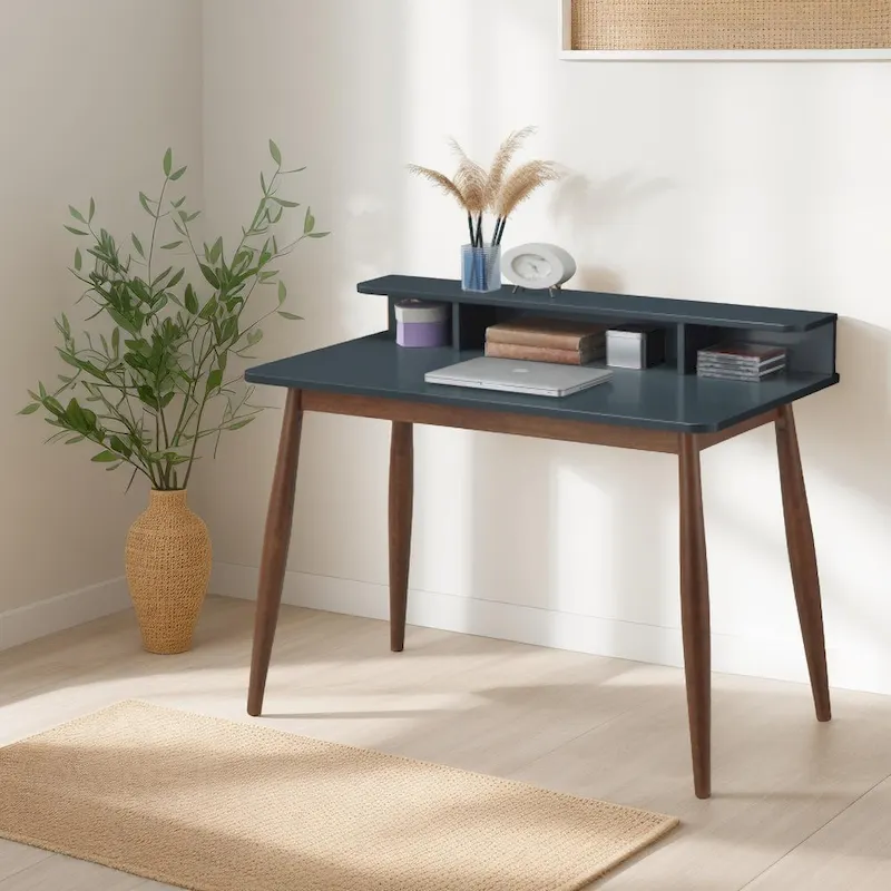 Grey-Blue Wooden Storage Office Desk with Drawers, Modern Home Office Writing Desk