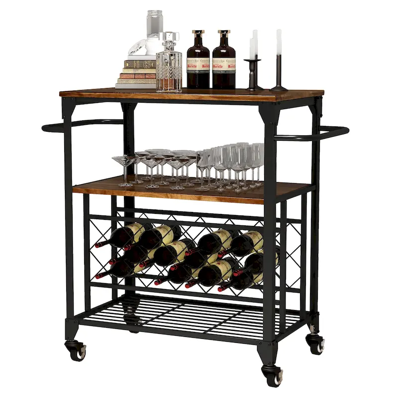 Rolling Bar Cart with Wine Rack and Storage Shelves – Brown, 3-Tier / 4+3-Tier, 1-Unit