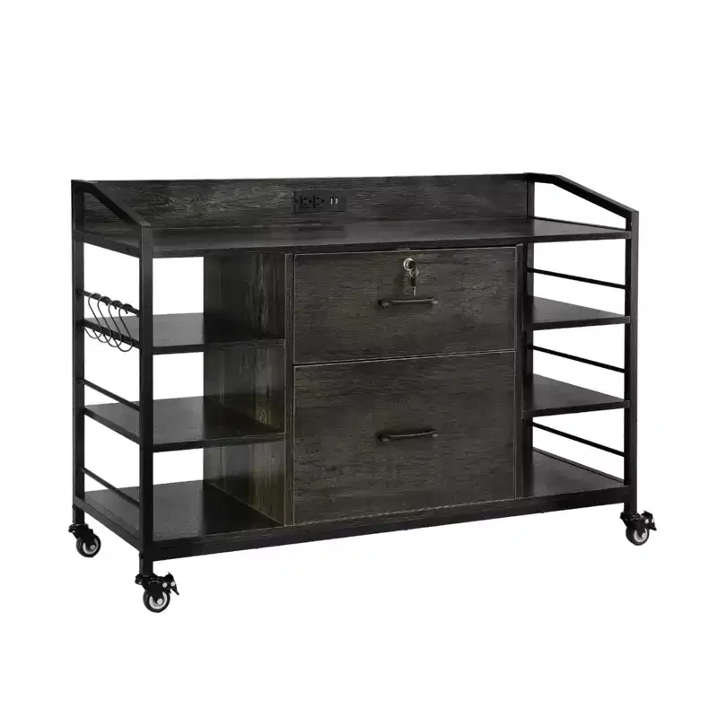 VEVOR 2 Drawers Metal File Cabinet, Lateral Filing Cabinet with Lock and 6 Open Shelves, Wooden Wide Filing Storage Cabinets with Power Strip, Gray