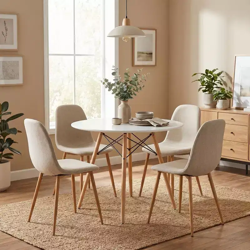 Round Dining Table Set for 4, 31.5 Kitchen Table with 4 Upholstered Chairs, Wood Legs Dining Set for Small Space, Apartment, Breakfast Nook