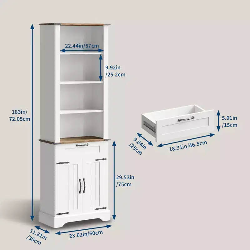 4-Tier Bookshelf with Storage Cabinet, Barn Door and Drawer, 72 Inch Tall Adjustable Freestanding Bookcase for Office and Home