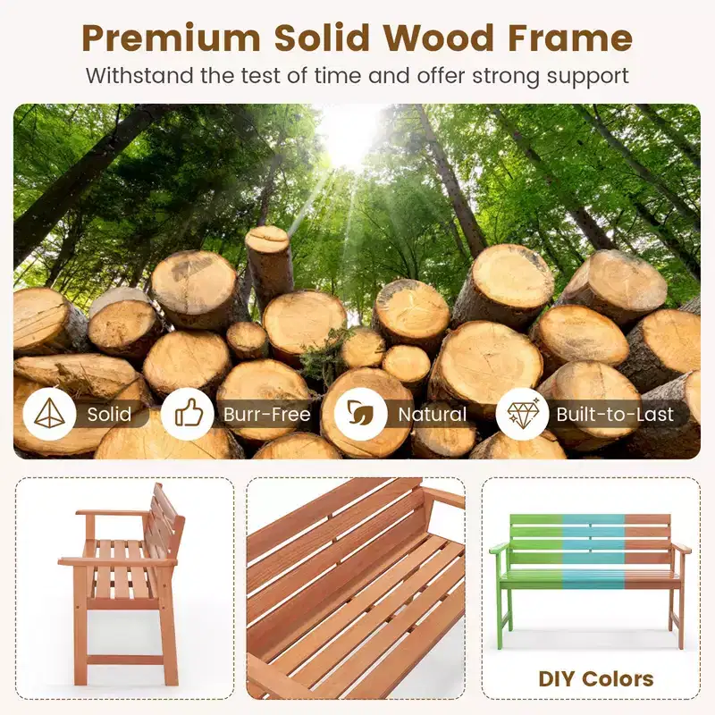 Costway Patio Solid wood Bench Wood 2-Seat Chair with Slatted Seat & Inclined Backrest