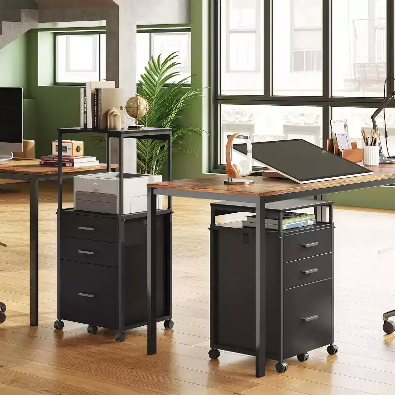 with Storage Drawers, Rolling Printer Stand with Adjustable Shelves, Wood Filing Cabinet for Home Office