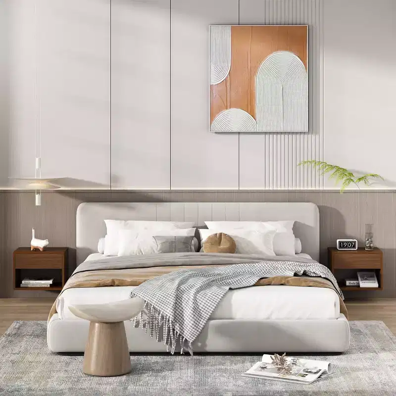 Nightstands with Drawer, Floating Nightstand with Open Storage Shelf, Wall Mounted Wood Bedside Tables, Brown Walnut