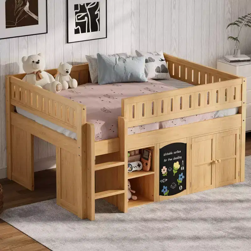 Whisen Full Size Loft Bed with Storage Cabinet and Chalkboard Panel, Space-Saving & Stylish