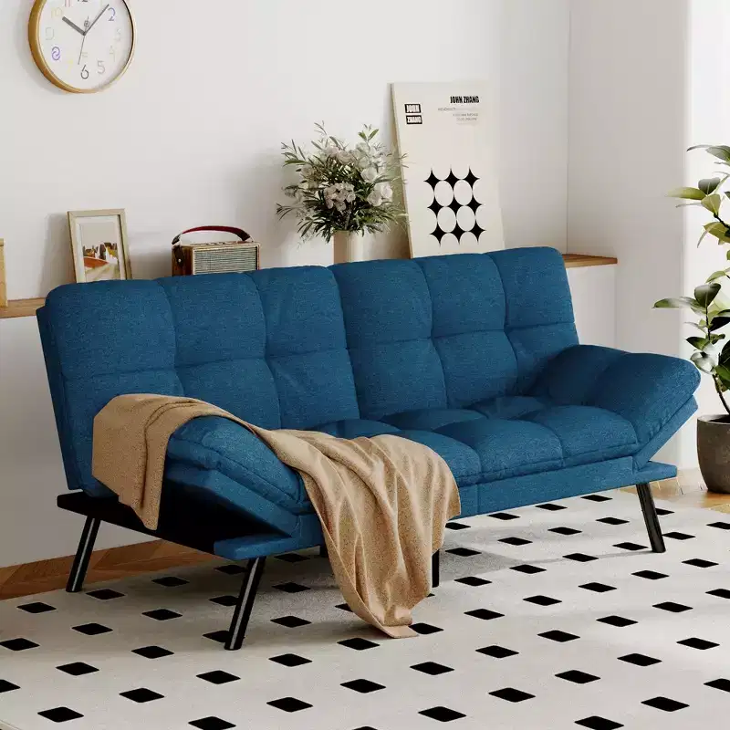 Dyonery Futon Sofa Bed Convertible Couch, Linen Sofa Bed with Memory Foam, Adjustable Backrest & Armrests, Multifunctional Small Loveseat Sleeper Sofa