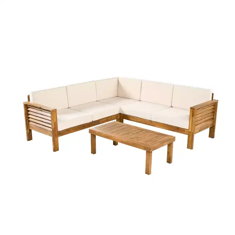 Christopher Knight Home Percy 4 Piece Patio Acacia Wood L Shape Upholstered Sectional Sofa Set with Coffee Table