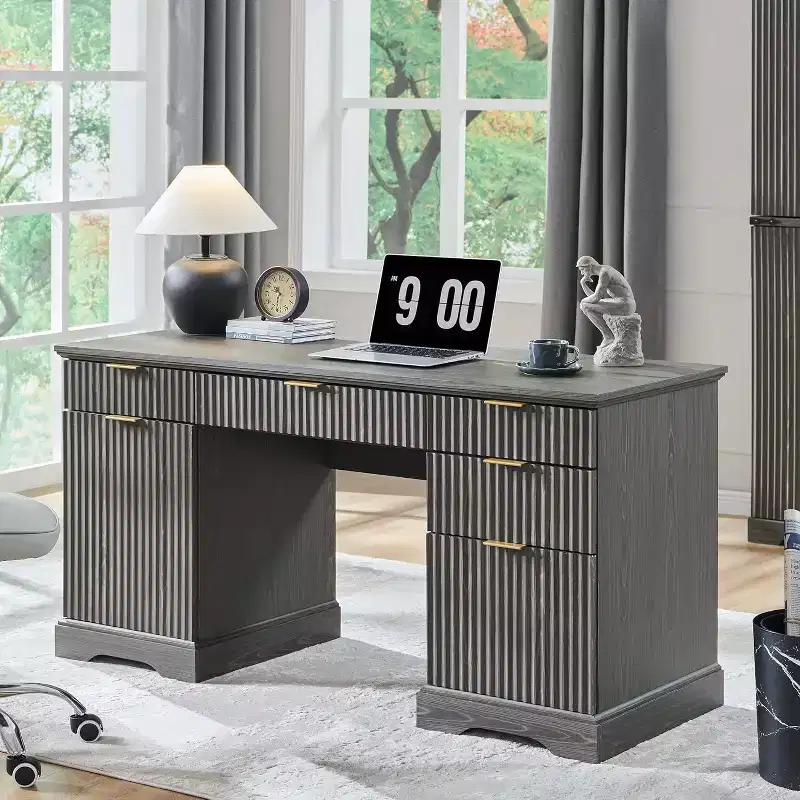 58 Desk,Modern Grooved Computer Writing Desk,w/ 5 Drawers and 1 Adjustable Storage Cabinet,Desk for Study and Bedroom