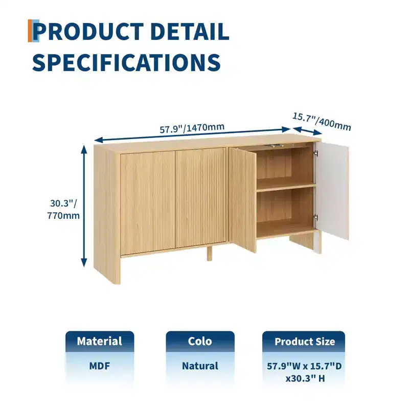 Buffet Cabinet with Storage, 58 Fluted Sideboard Cabinets with 4 Doors & Adjustable Shelves, Wood Buffet Table