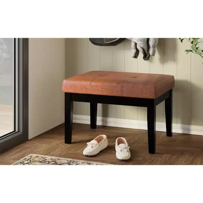 26 inch WideContemporary Rectangle Ottoman Bench in Distressed Saddle Brown Vegan Faux Leather