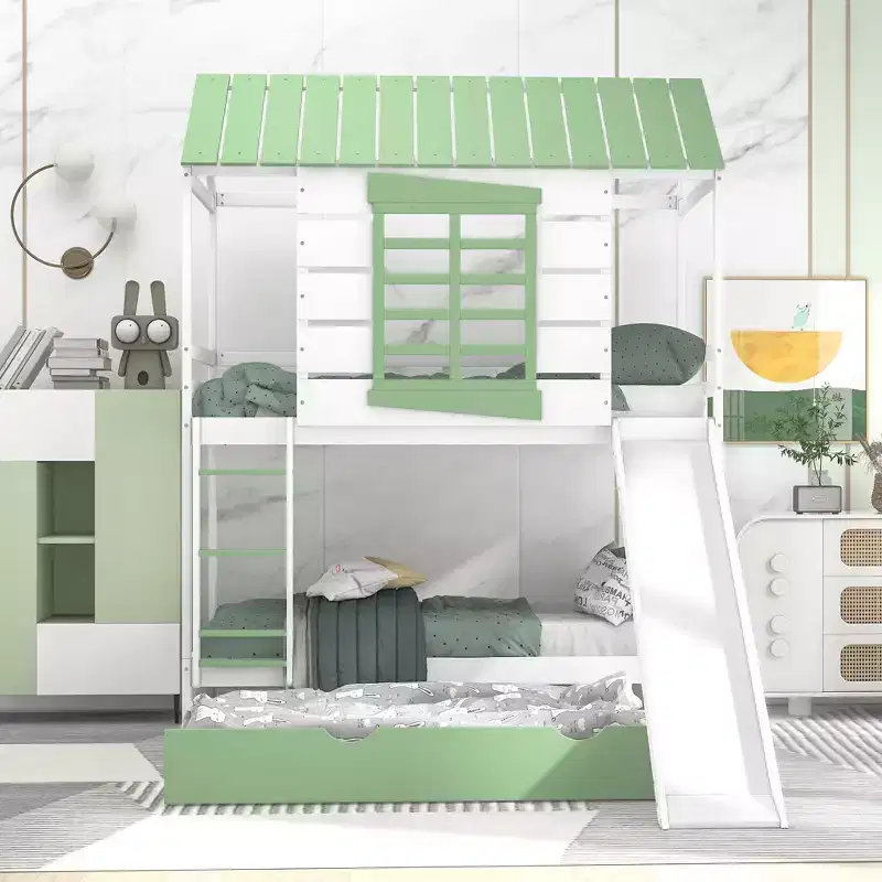 Whisen Twin over Twin Size House Bunk Bed with Convertible Slide and Trundle - White & Gree