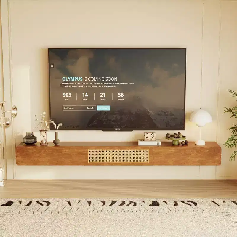 Luck Live Mid-Century Modern 78.74 Inch Floating TV Stand Wall Mounted Media Console with Rattan Door and Drawer