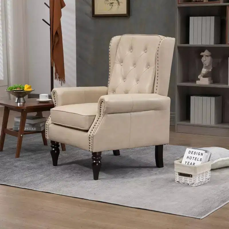 Wood Frame Armchair, Sturdy Wood Legs, Living Room Bedroom, Black PU