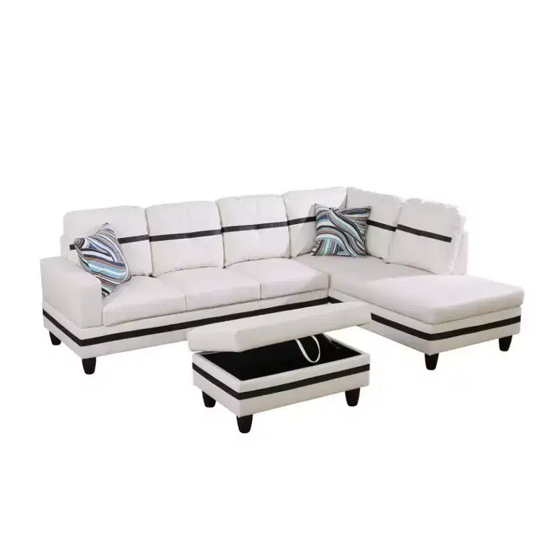 White and Black Semi-PU Leather Sectional Sofa - Modern L-Shaped Design, Tufted Cushions, Storage Ottoman, Chic Home Dcor