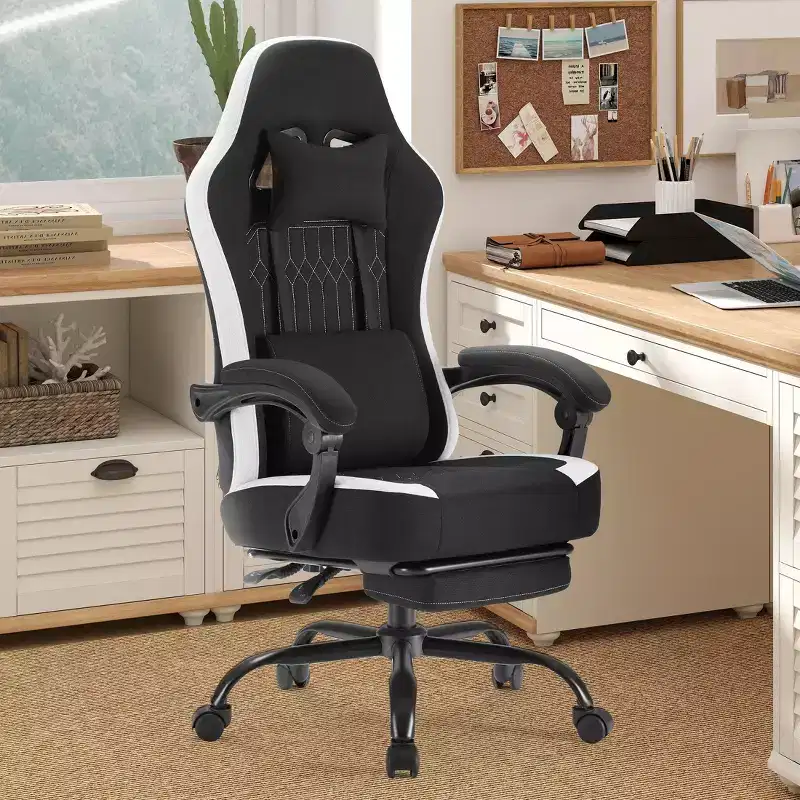 Okak Ergonomic Office Chair with Padding Armrest, Gaming Chair with Footrest and Lumbar Support, Swivel Chair with Wheels for Home, Office
