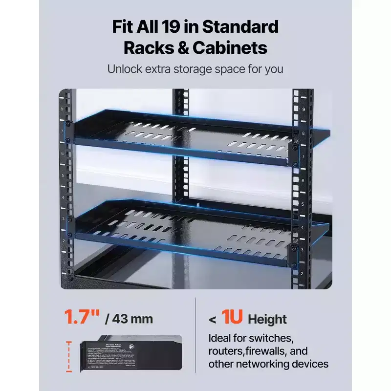 1U Server Rack Shelf, 4 PCS, 50 lbs Vented Cantilever, Wall Mount or Rack Mount Shelf with Tray, 10 in Depth, Black