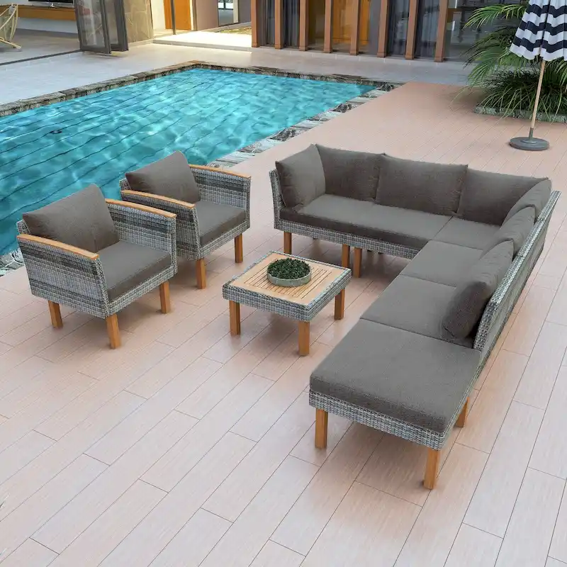 9-Piece Patio Rattan Furniture Set, Acacia Wood Legs and Tabletop, PE Rattan,Coffee Table, Washable Cushion