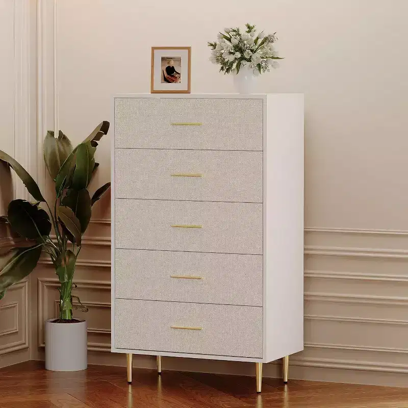 Modern White Dresser for Bedroom, Slim Drawer Dresser,Tall Narrow Chest of Drawers, Wooden Chest of Drawer with Metal Legs,(5drawers)