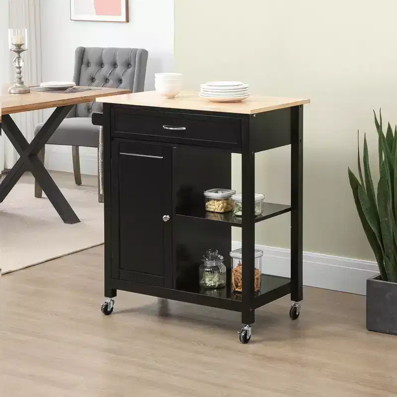 Rolling Kitchen Cart with Rubberwood Top — Storage Drawer, 2 Shelves, 176 lb Capacity