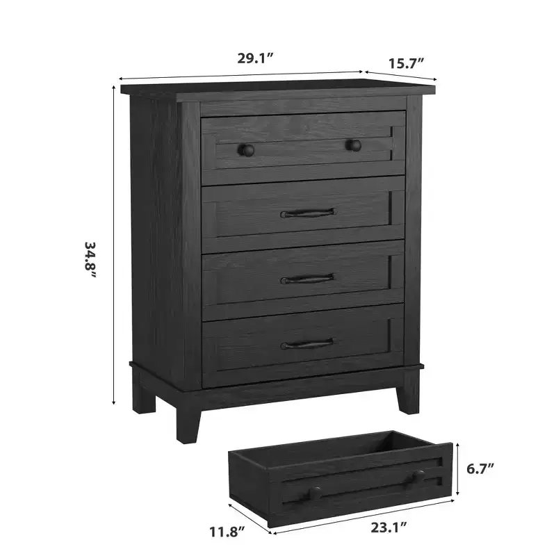 4-Drawer Dresser, 34.8 Tall Freestanding Wooden Chest with Large Storage - Space-Saving Organizer for Bedroom, Living Room & Closet
