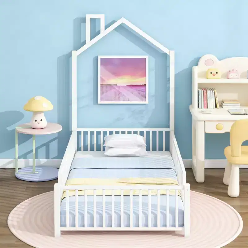 Twin Size Metal House Platform Bed with Fence and Chimney, White
