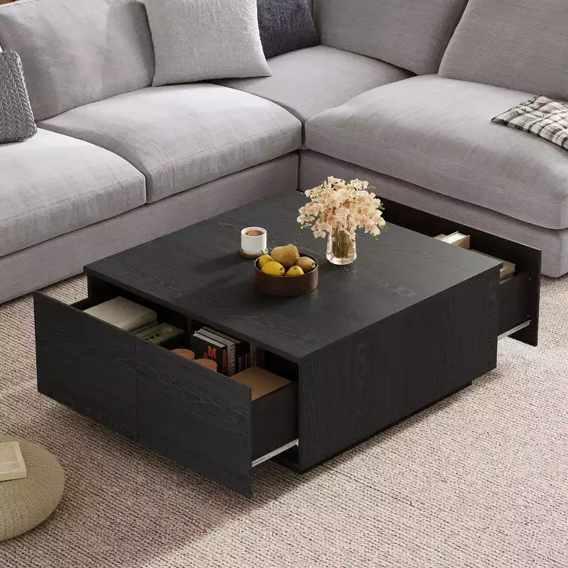 Whisen Square Wood Coffee Table with 4 Drawers Storage, Classic Finish for Living Room